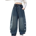 thumbnail image 3 of Frostluinai Wide Leg Barrel Pants for Girl 5-15Y Retro Wash Jeans Elastic Waist Stars Graphic Denim Pants Casual Summer Jeans with Pocket, 3 of 9