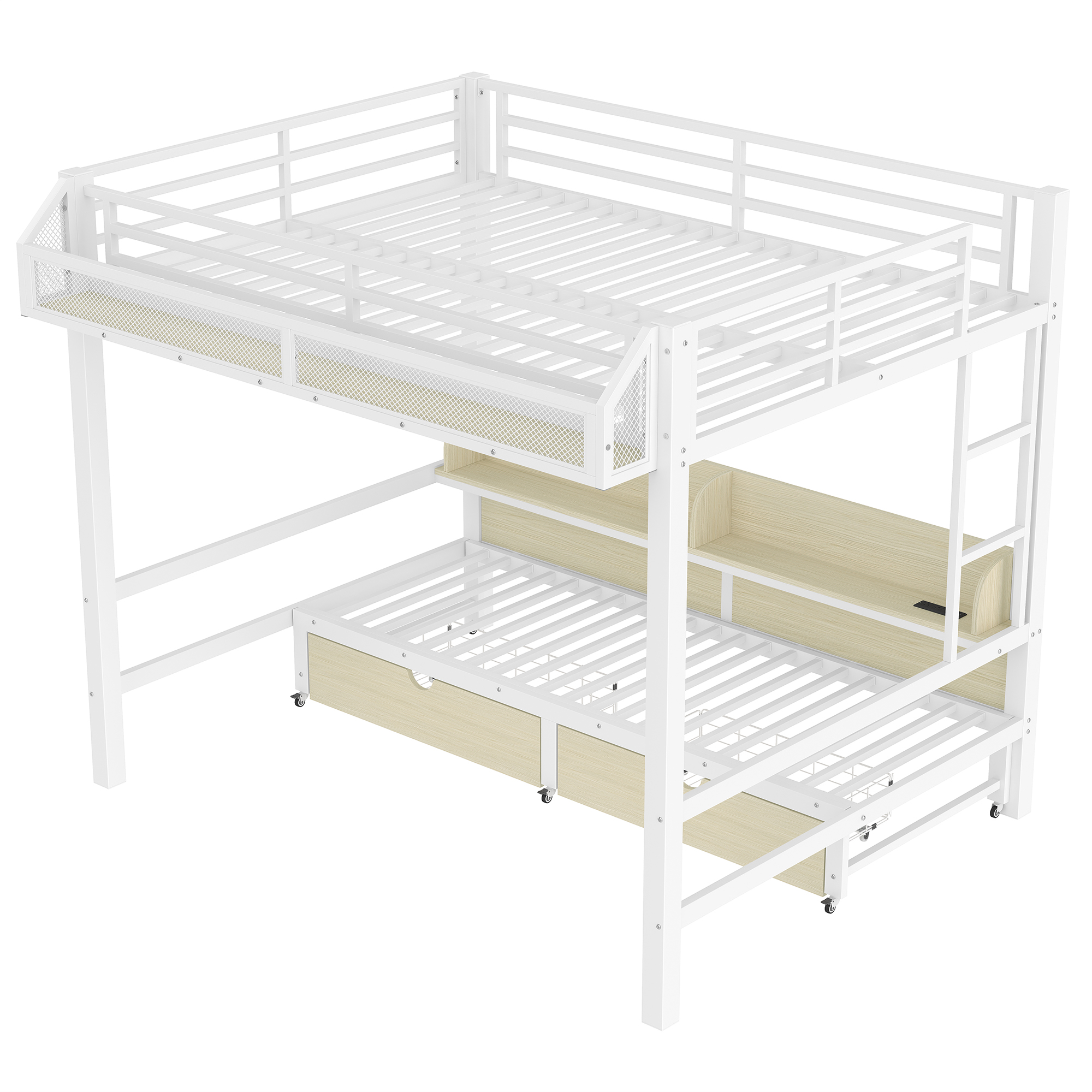 Aukfa Queen over Queen Metal Bunk Bed with Storage Drawers, Shelves, USB Ports & LED Lights, Convertible Bottom Sofa Bed, Heavy-Duty Bed Frame for Kids Teens Adults, White