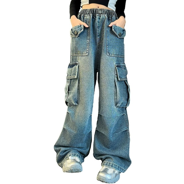 MIASHUI Girls Cargo Pants Girls Casual Loose Fit Jeans with Pocket Streetwear,Blue,8-9 Years