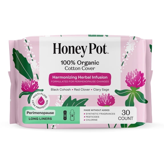 Honey Pot 100% Organic Cotton Cover Peri-menopause Long Liner, 30 Count