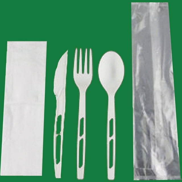 7'' CPLA Fork,Knife,Spoon,Napkin wrapped with Compostable Film (100% Compostable) 400 unit /Pack
