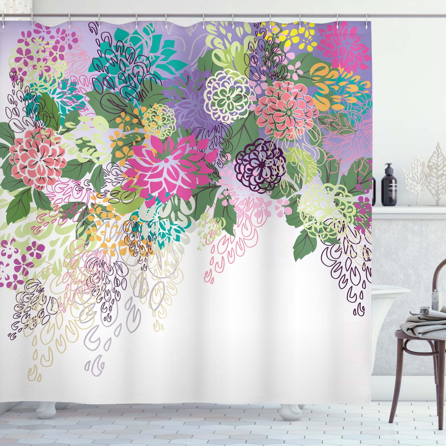 Flower Decor Shower Curtain Set, Hand Drawn Style Graphic Floral Print