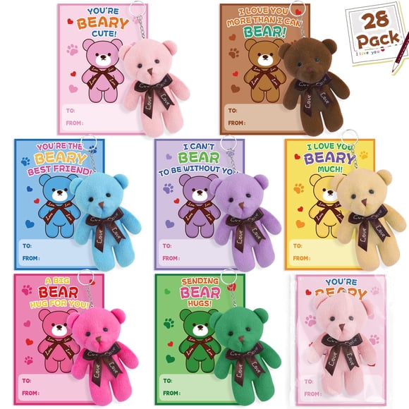 NEUBSAW Set de 28 Tarjetas de San Valentín con Llaveros de Osito de Peluche