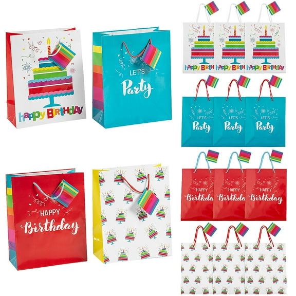 7 1/4" x 9" Medium Happy Birthday Gift Bags with Tag - 12 Pieces