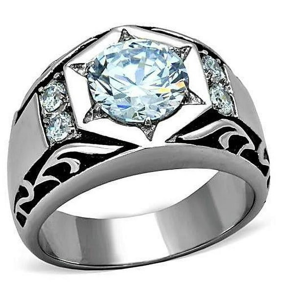 Mens Ring Hexagon Round Syndication Stainless Steel Ring with AAA Grade CZ in Clear