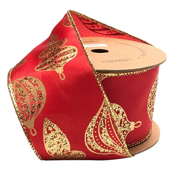 LaRibbons 2 1/2" Wired Ribbon | "Glitter Ornament" Red/Gold | 10 Yard Roll