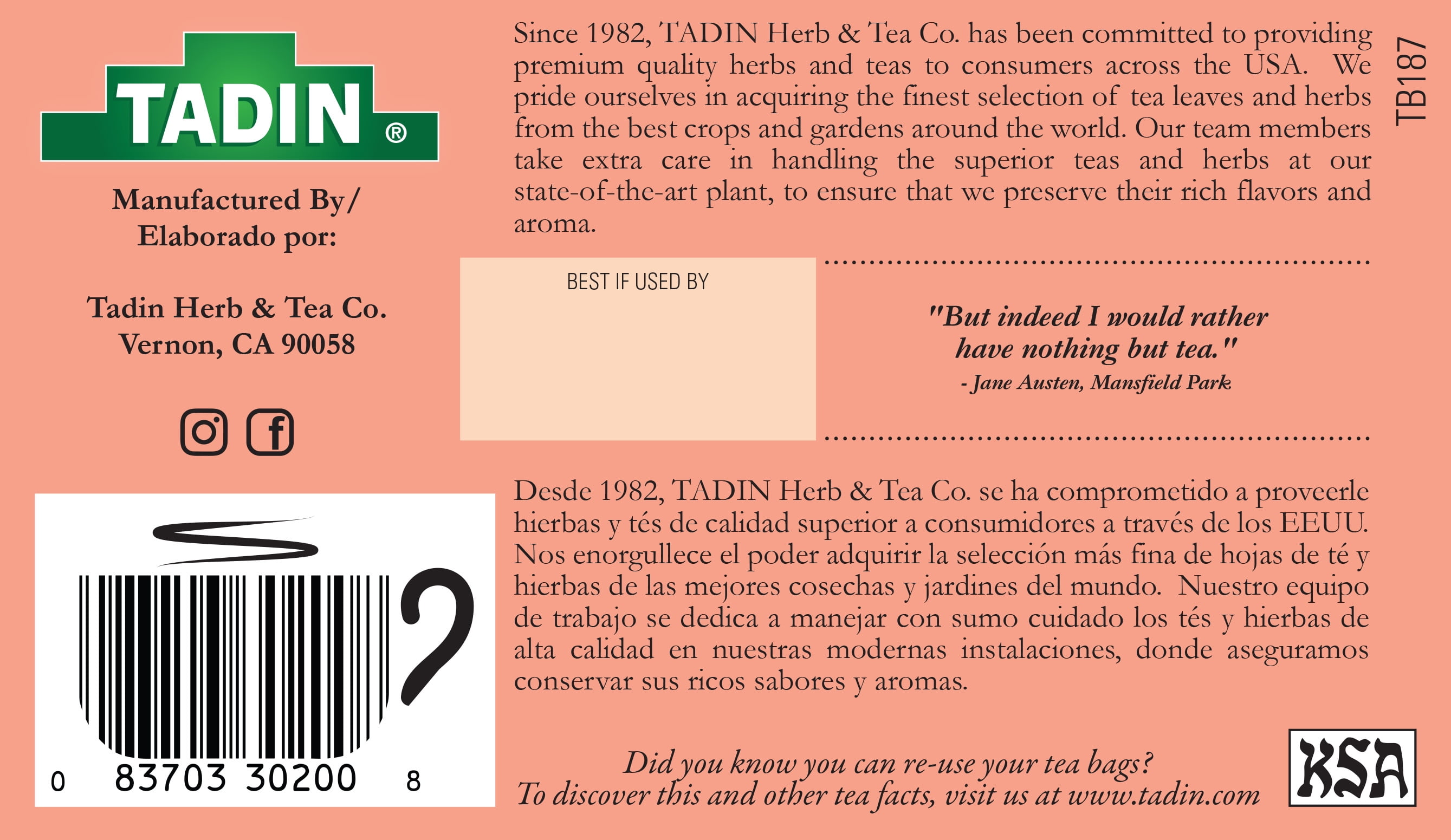 (6 pack) Tadin Hibiscus Tea, Herbal Tea, Caffeine-Free Tea, Herbal Tea Bags, 24 Count, Pack of 1