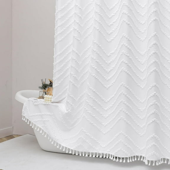 UniVerse Extra Long White Boho Shower Curtain, Chic Tufted Chevron Striped Textured Cloth Fabric Shower Curtains with Tassel for Bathroom, Soft Hotel Style Farmhouse, Machine Washable, 72x96