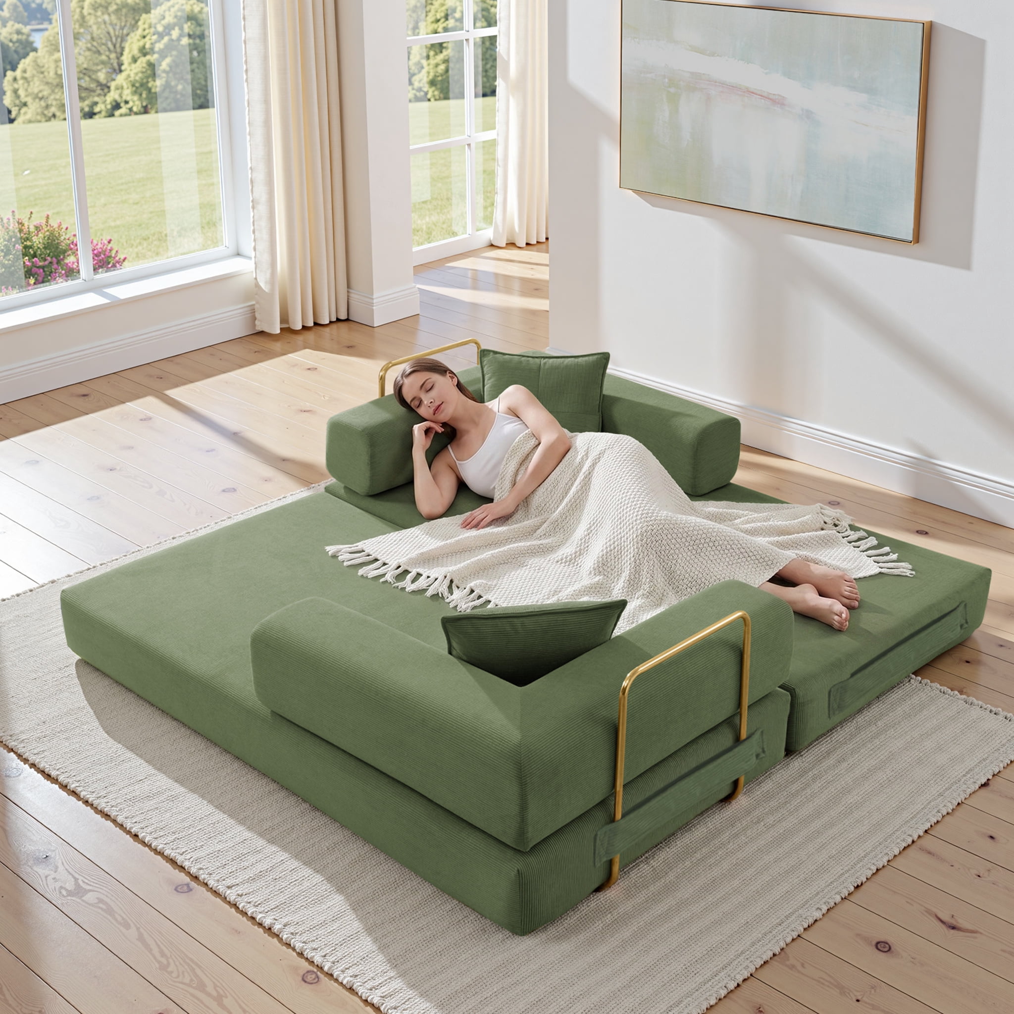 Vanress 79" Convertible Sofa Bed, Folding Sleeper Sofa Couch Bed with Fixed-Shape Frame, Fold Out Sleeper Loveseat, Corduroy Boneless Futon Bed, No Assembly Required for Living Room & Bedroom, Green