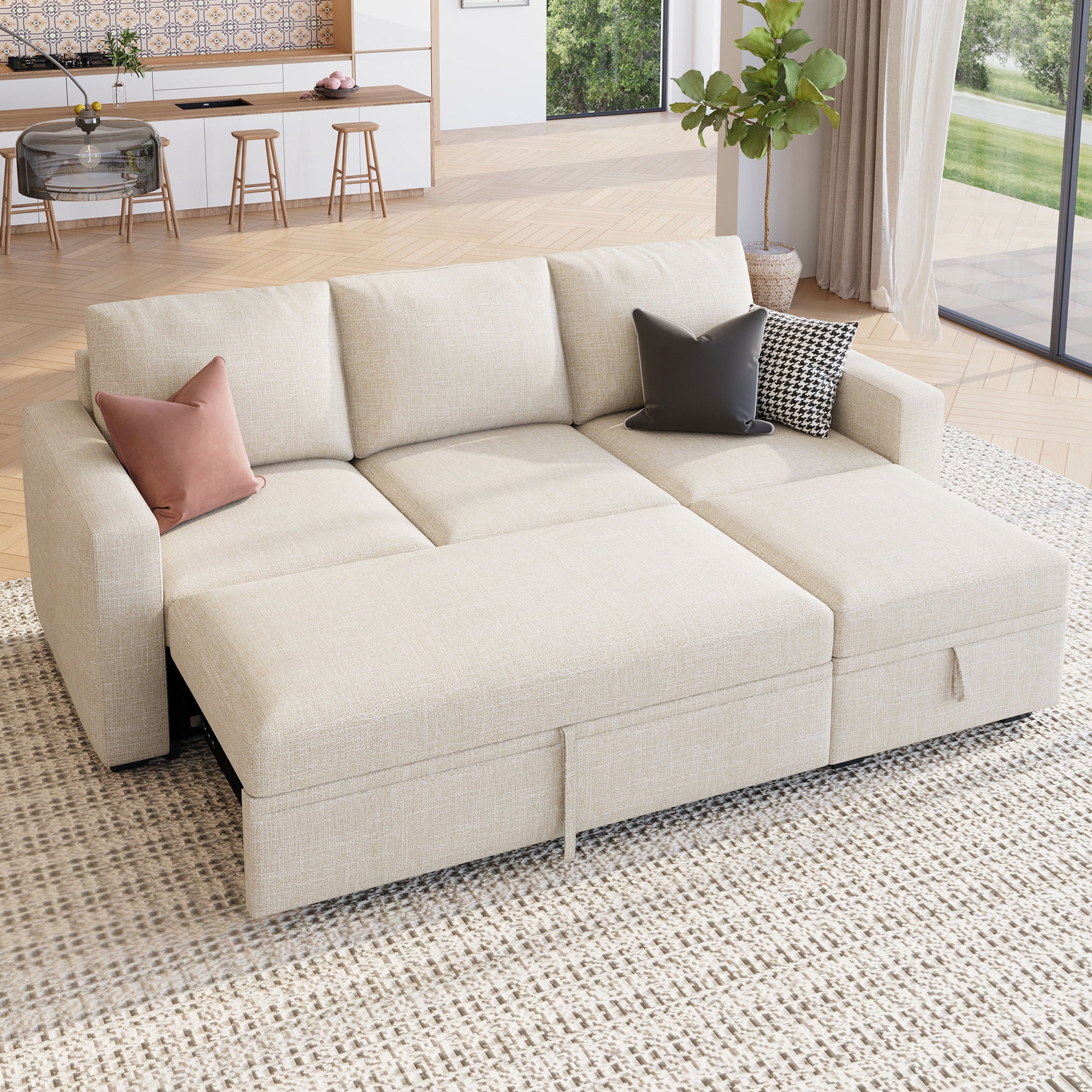 HONBAY 79" Reversible 3 Seat Beige Compact L Shaped Sectional Sleeper Sofa with Pull Out Bed and Storage, Breathable Linen