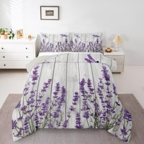 Homewish Purple Lavender Plant Bedding Comforter Set, Grey Old Barn Door Twin Comforter Sets, Teens Kids Girls Female Reversible Bedding Set, Luxury Bedroom Decor, 2pcs