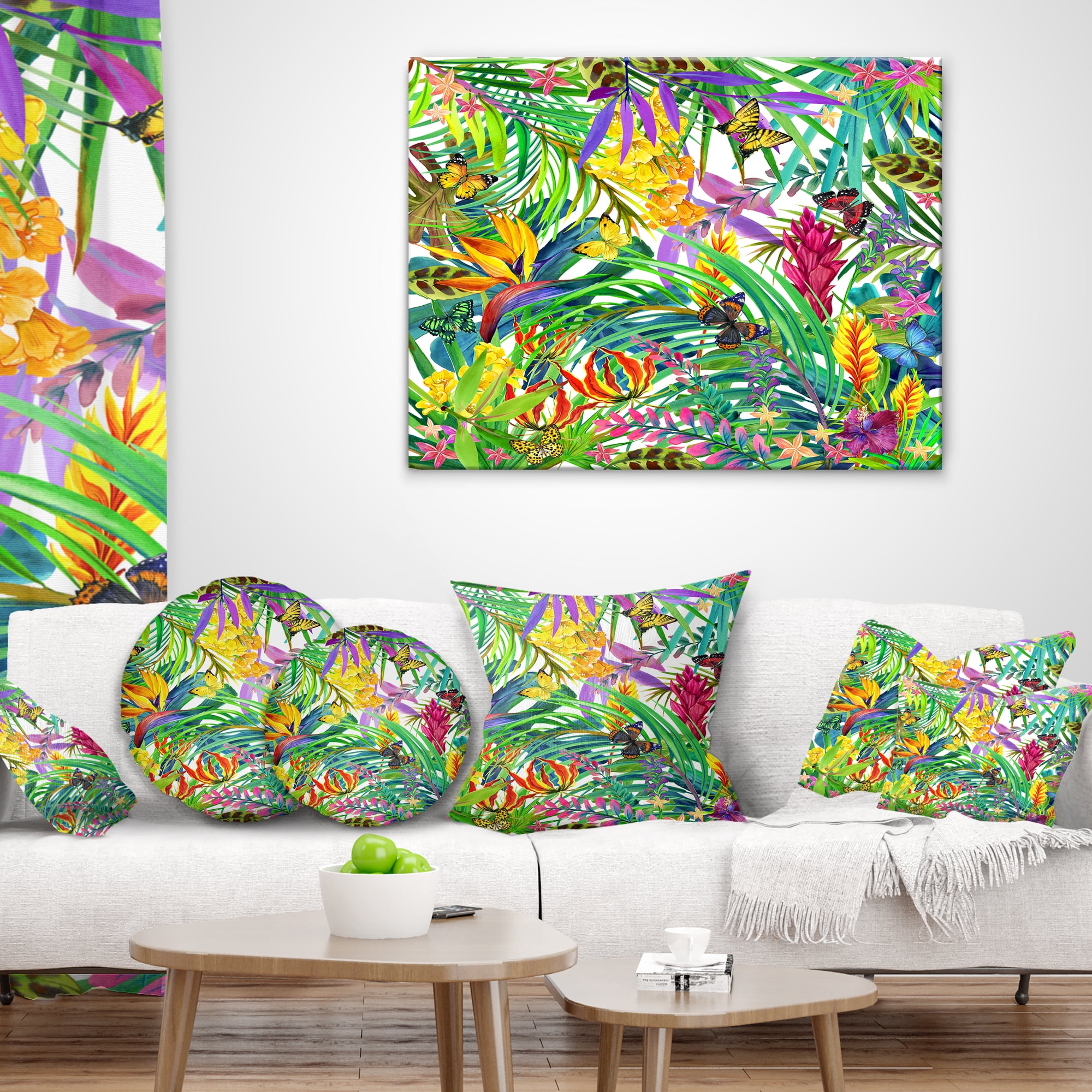 Designart Tropical Leaves and Flowers - Floral Throw Pillow - 18x18