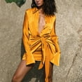 thumbnail image 2 of hotojiny Satin Shirt Dress for Women Summer Long Sleeve Button down Tie Waist Mini Dress Silky Bodycon Ruched Wrap Club Party Dress, 2 of 7