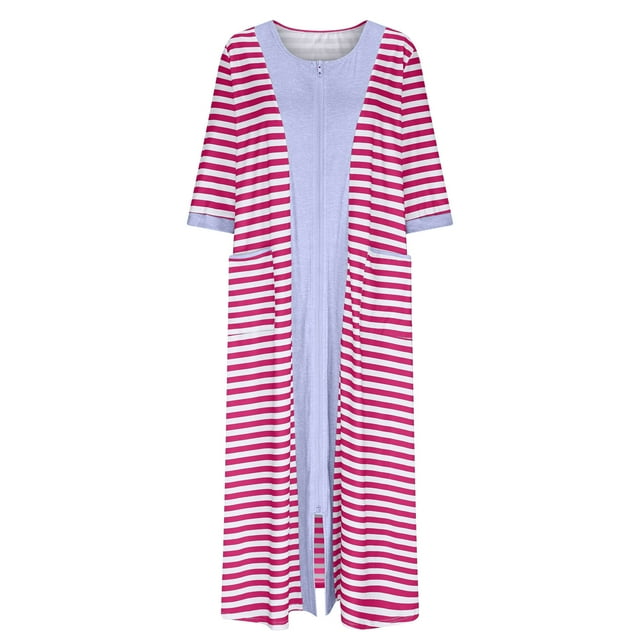 Womens Long Sleeve Striped Nightgown Fall Zip-Up Full Length Sleepshirt Sleepwear Comfort Robes House Coat with Pocket Hot Pink, S