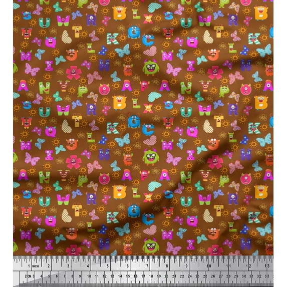 Soimoi Brown Viscose Chiffon Fabric Insect,Sun & Cartoon Alphabets Text Fabric Prints by Yard 42 Inch Wide