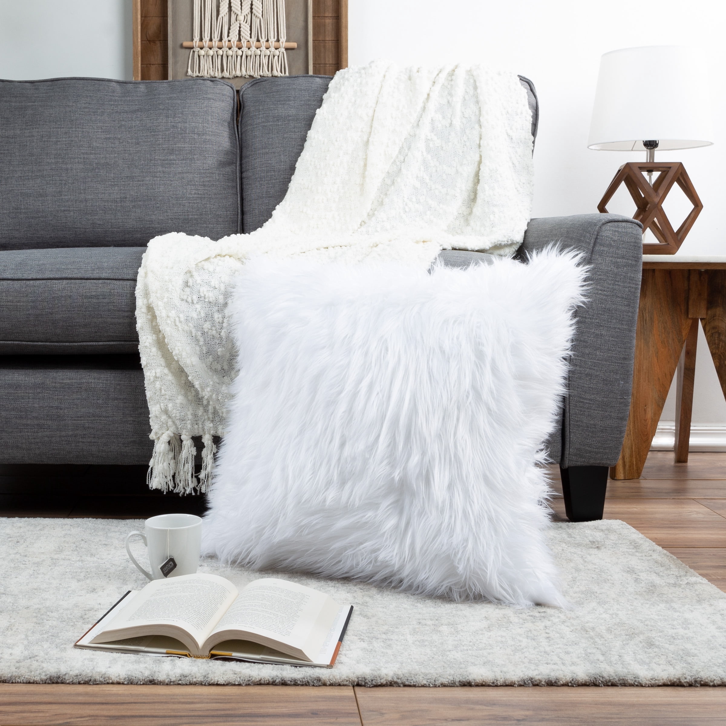 Somerset Home 1-Piece Himalayan Faux Fur Pillow for Adult - 22-inch Square Cover & Insert, White