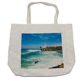thumbnail image 1 of Lighthouse Shopping Bag, Tropical Island Palm Trees Rocks Wavy Seaside Beach Ocean, Eco-Friendly Reusable Bag for Groceries Beach and More, 15.5" X 14.5", Cream, by Ambesonne, 1 of 2