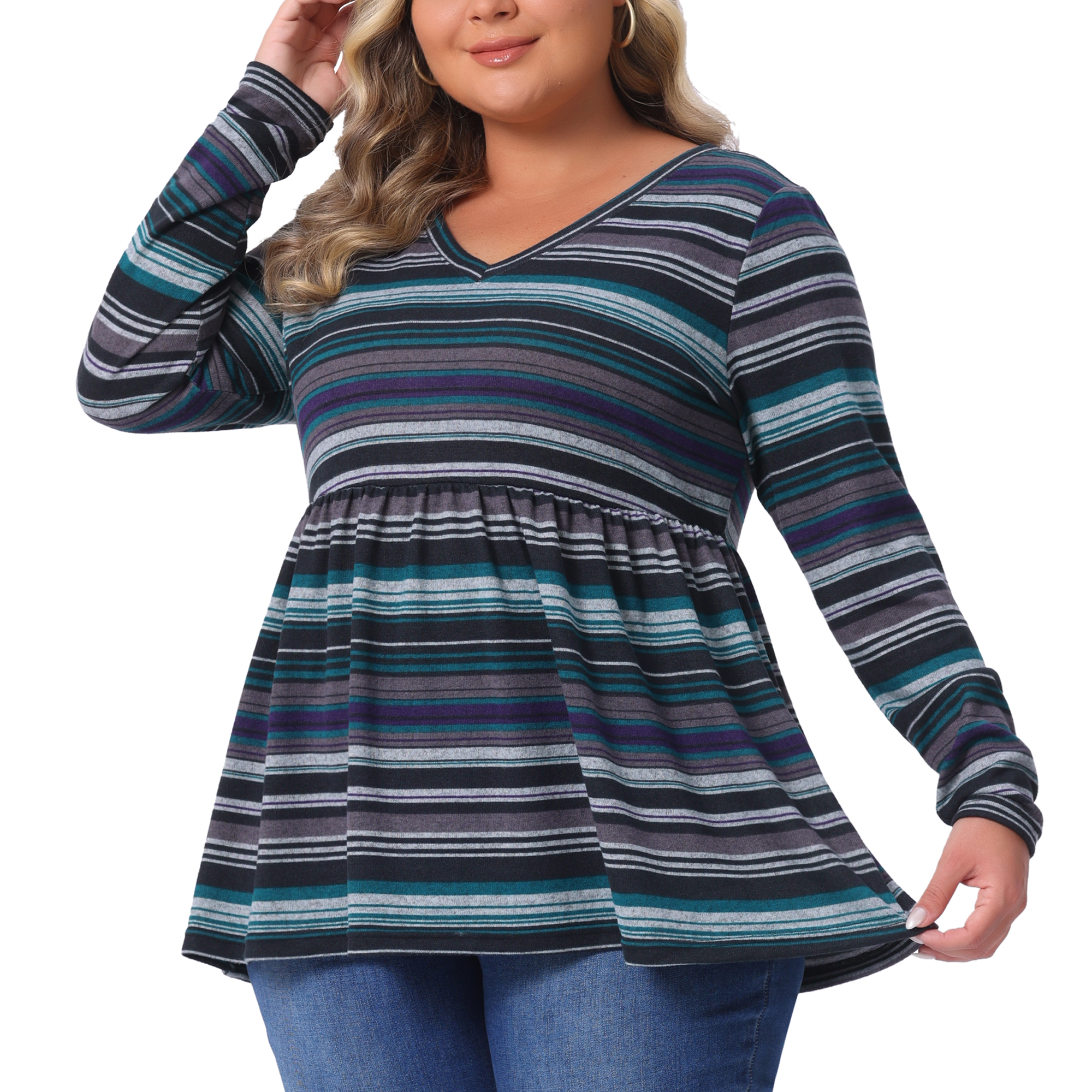 DARING DIVA Women's Plus V Neck Stripe Peplum Knit Blouse 2X Blue