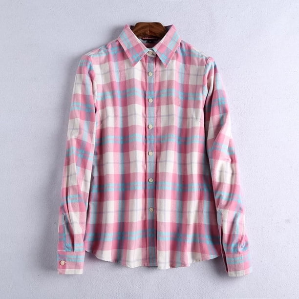 Pntutb Moda Mujer Casual top Suelto Cuello vuelto Abotonado Manga larga Lijado Blusa con estampado de cuadros Liquidación Pntutb Pntutb-1412