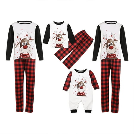 

SUNSIOM Matching Family Pajamas Sets Christmas PJ s with Deer Long Sleeve Tee and Plaid Pants Loungewear for Adult Kids Baby