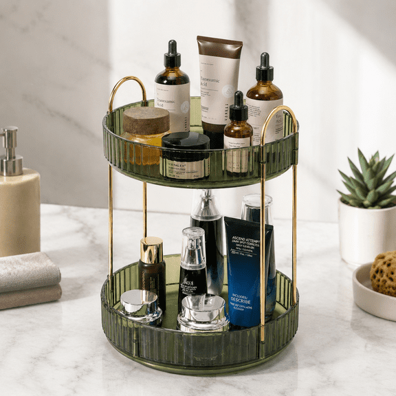 360° Rotating 2-Tier Makeup Organizer, Large Capacity Skincare & Perfume Storage for Bathroom Counter, Spinning Vanity Organizer with Sturdy Metal Frame
