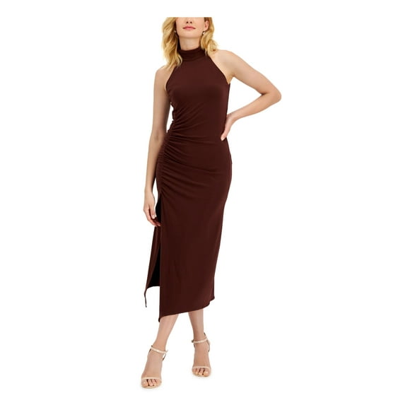 TAYLOR Womens Brown Zippered Slitted Shirred Side Asymmetrical Hem Sleeveless Mock Neck Midi Party Sheath Dress 10