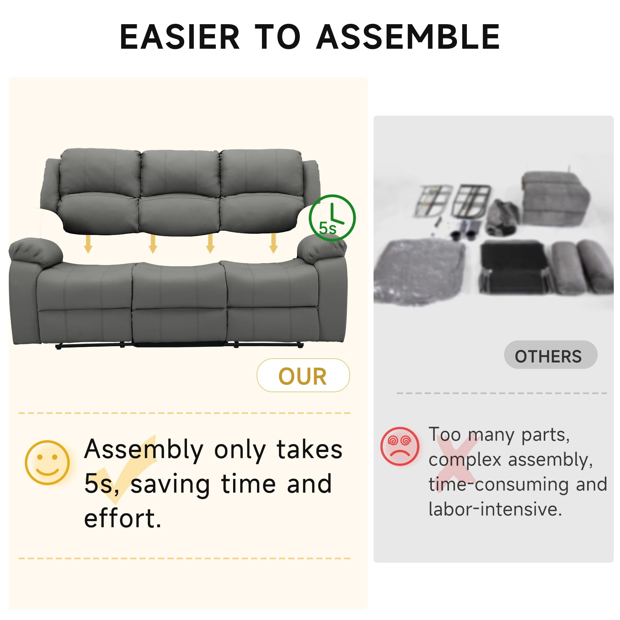 Reclining Loveseat Sofa Leather Recliner Sofa 3 Seater Couch for Living Room, Home Theater Seating(3 Seat,Grey)