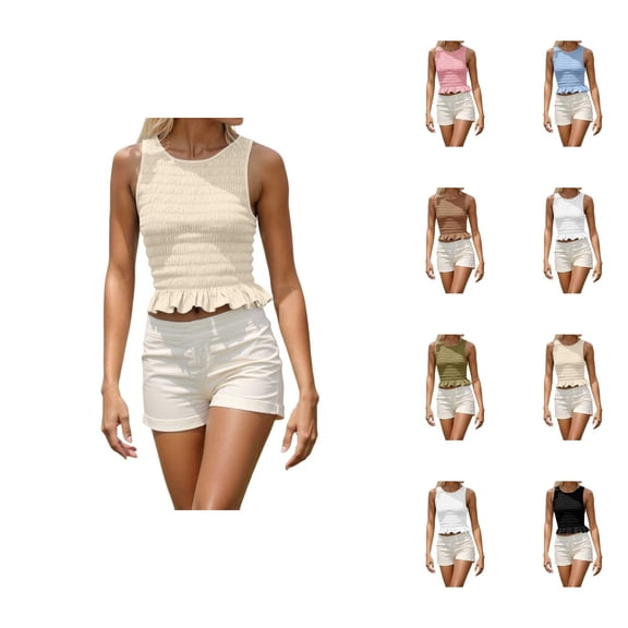 Shirred Tank Top for Women Crewneck Ruffle Hem Smocked Sleeveless Shirt Summer Outfits
