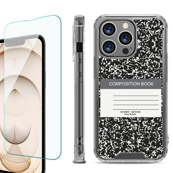 Shockproof Bumper Phone Case for iPhone 13 Pro Max, with Tempered Glass Screen Protector, by OneToughShield ® - Composition Book