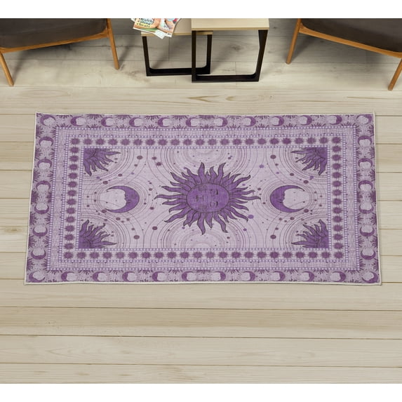 Sun and Moon Decorative Rug, Bohemian Occult Design of Crescent Solar Ornament Esoteric Stars, Quality Carpet for Bedroom Dorm and Living Room, 6 Sizes, Lilac Lavender, by Ambesonne