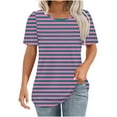 thumbnail image 2 of Summer Homenesgenics Womens Tops under $5 Women's New Short Sleeve Round Neck Pullover Chest Pleated Striped Print Top Purple M, 2 of 5