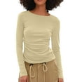 thumbnail image 6 of Htigea Women's Long Sleeve Shirts Solid Color Slim Fit Frill Tops Basic Crewneck Pullover Y2k Tees Khaki S, 6 of 7
