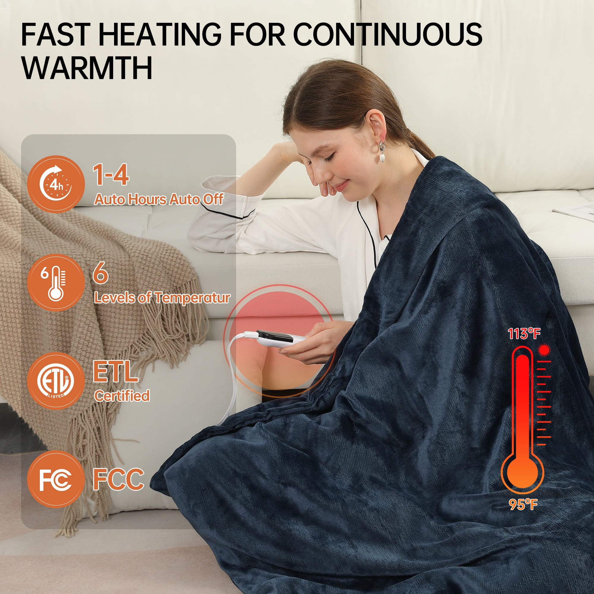 TRUSTWARMTH Electric Heated Blanket Twin Size 62"x84" with 6 Heating Levels 10 Hours Auto off Fast Heating Over-Heated Protection Ultra Soft Warm Flannel ETL Certified,Warm Gifts,Navy Blue