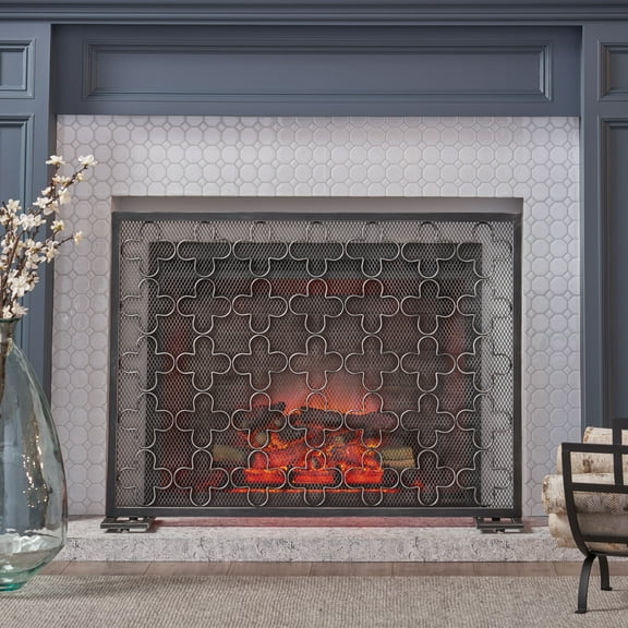 CoSoTower Modern Single Panel Iron Fireplace Screen, Black Brushed Silver