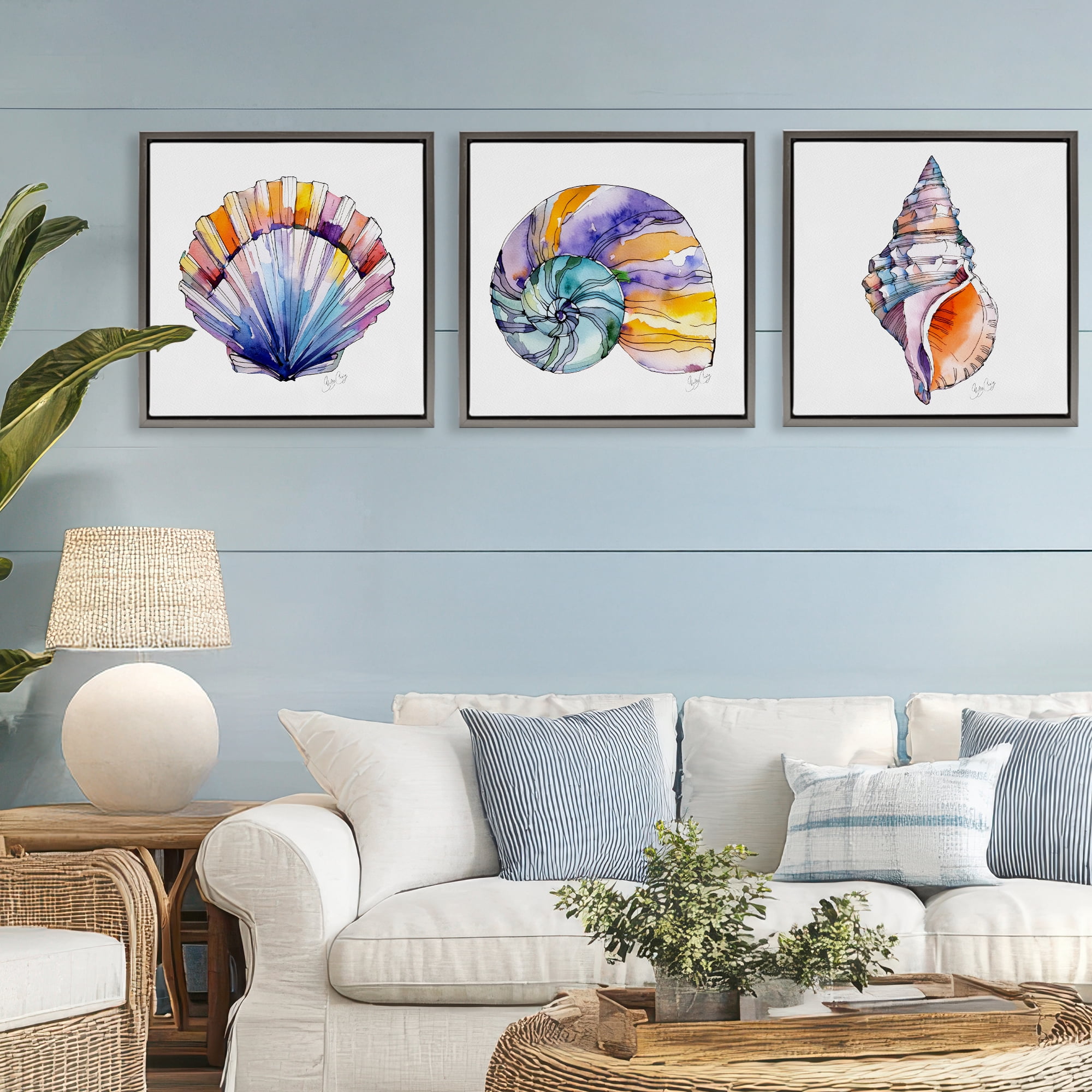 Stupell Industries Sunlit Seashells Watercolors 3 Piece Gray Framed Floater Canvas Set, design by Shelly Craig