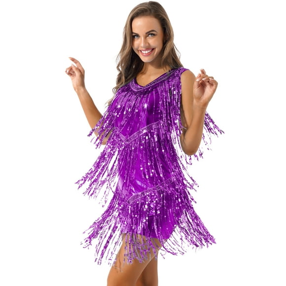 MSemis Women Shiny Sequins Tassel Mini Dress Faux Leather V Neck Sleeveless Samba Dance Wear Purple M
