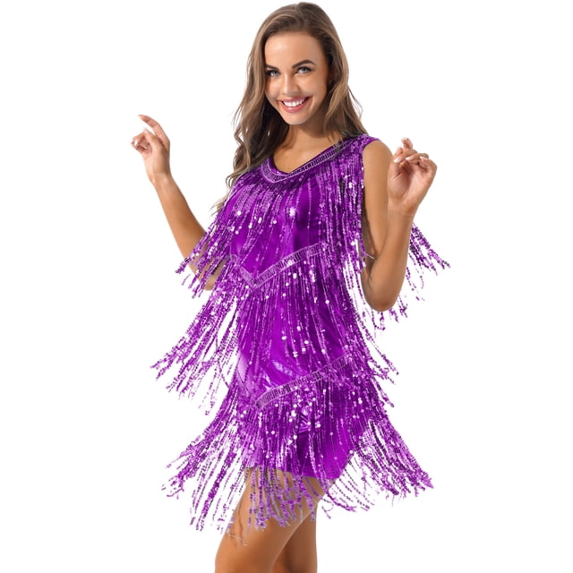 MSemis Robe Mini à Paillettes Brillantes pour Femmes avec Franges en Similicuir, Col en V, Sans Manches, Tenue de Danse Samba, Violet G