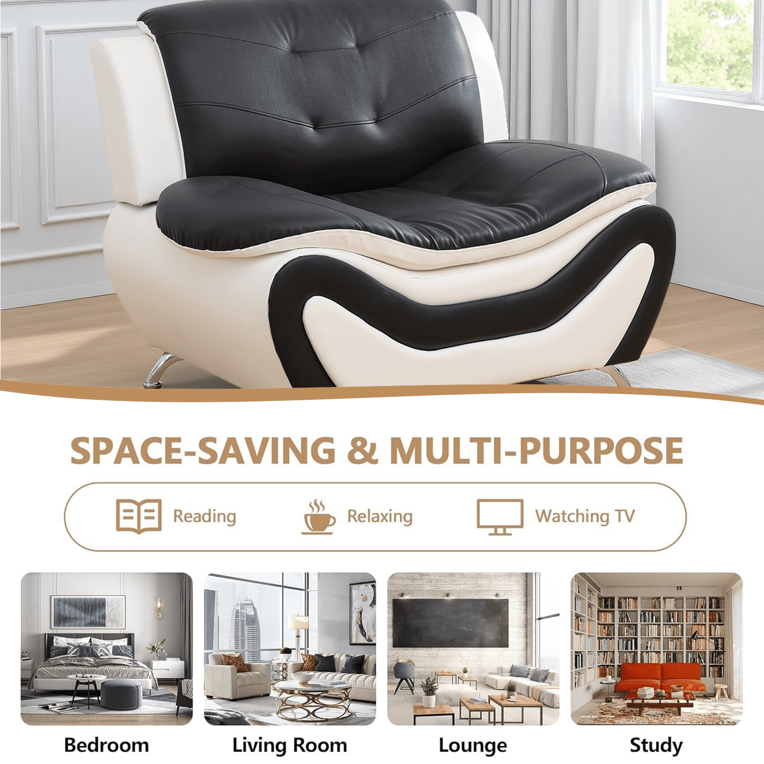 Caberryne Leather Couch Set,Modern Sofa for Living Room Furniture Sets,42" Button Tufted Chair for Living Room/Office/Bedroom/Apartment(Black&White)
