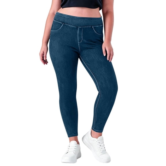 LEAVINGSUO Stretchy Jeans for Women Plus Size Elastic Waist Pocket Full Length Denim Pant Blue XL