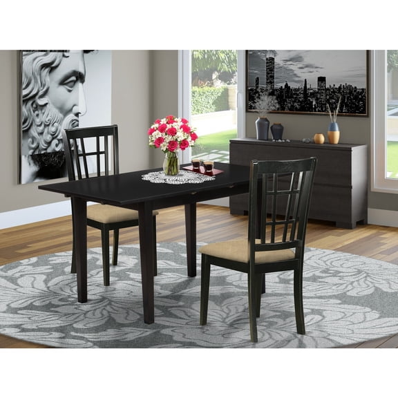 Modern Dinette Set - 3 Piece Wood Dining Set with Chairs & Butterfly Leaf Table - Black Finish