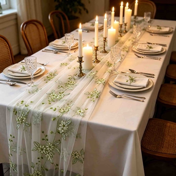 PoyoKee Cheesecloth Table Runner, 110" x 27" Embroidered Net Sheer Table Cloth, Tablecloth Party Decorations for Wedding Birthday Home Decor, Green