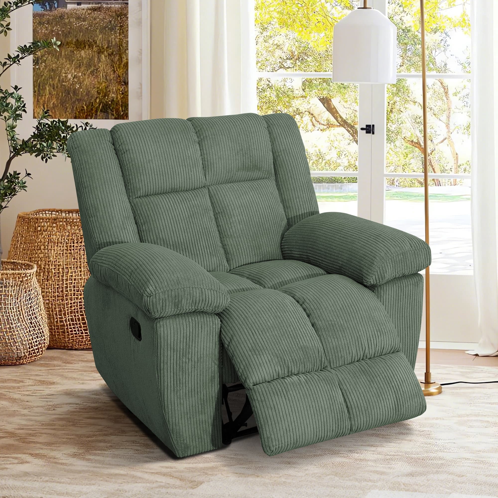 MAYEERTY Recliner Chair, Corduroy Fabric Reclining Chair with Adjustable Backrest for Living Room, Green