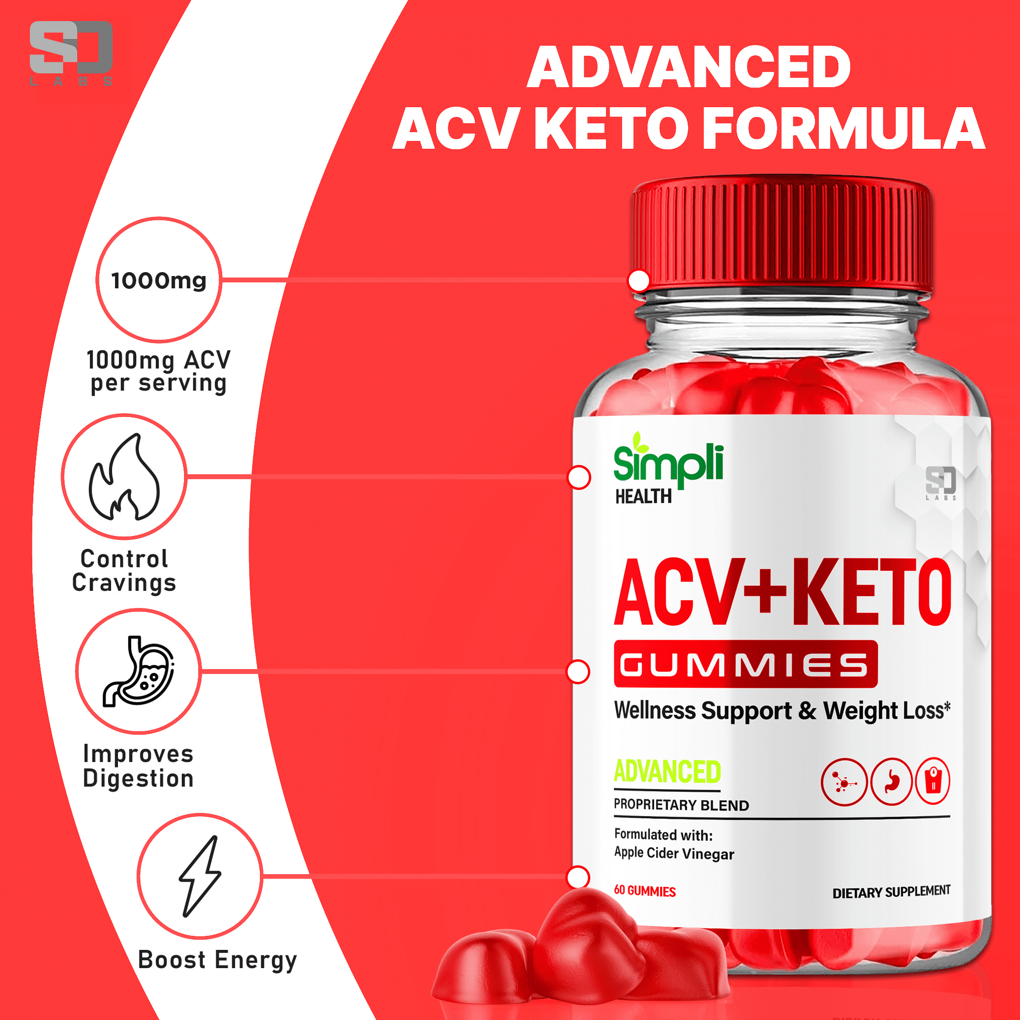 (5 Pack) Simpli Health ACV Keto Gummies - Energy & Focus Boosting Dietary Supplements for Weight Management & Metabolism - Fat Burn - 300 Gummies
