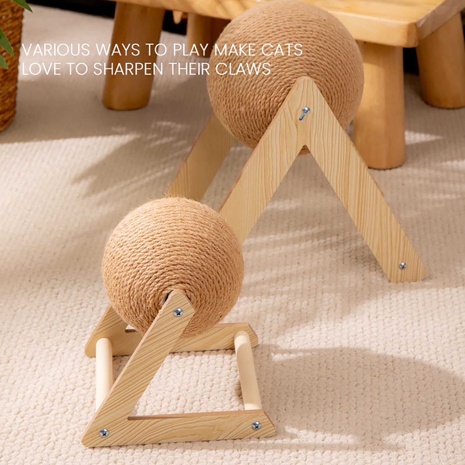 tasrioml Cat Scratching Ball Interactive Sisal Rope Cat Scratcher Ball with Wooden Stand Spinning Ball Kitten Exercise Toy for Indoor Cats
