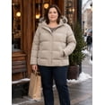 thumbnail image 3 of Heting Women's Plus Size Hooded Puffer Jacket Quilted Thicken Winter Coat with Removable Hood, Windproof Waterproof Warm Overcoat with Multi-Pockets Khaki 4X, 3 of 9