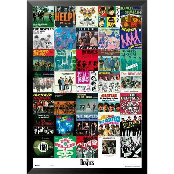 BUY ART FOR LESS Officially Licensed Framed The Beatles Singles - 35 Different Covers 36 x 24 Music Art Print Poster, Multicolor