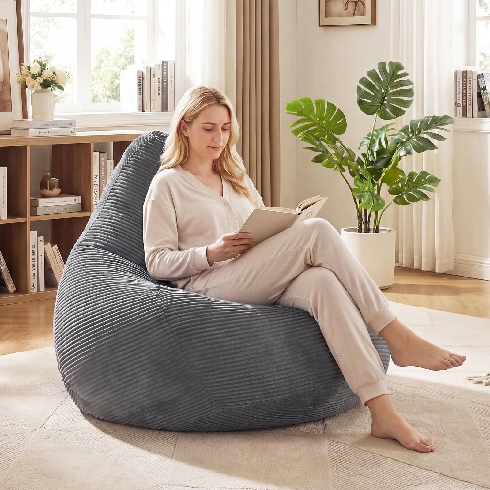 Costway Bean Bag Chair for Adults with Skin-friendly Corduroy Cover & Soft Sponge Filling Dark Gray
