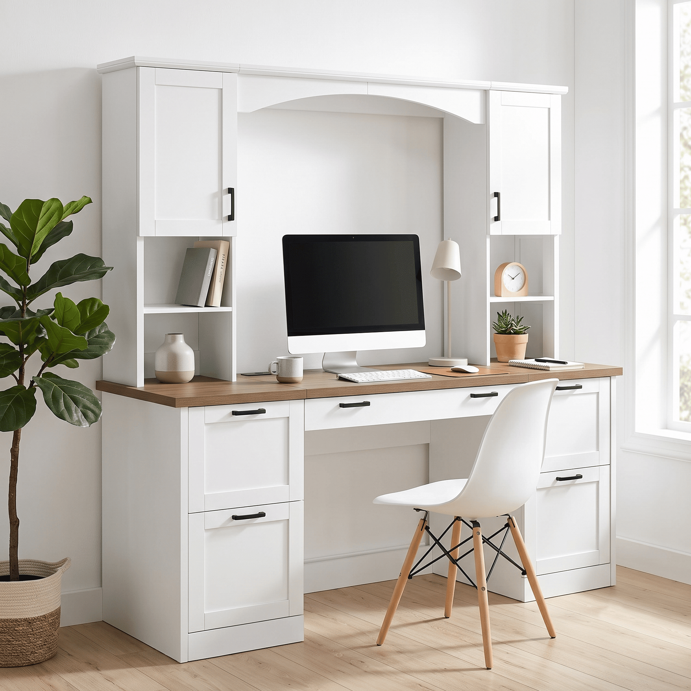 Homy Casa 67.5" Farmhouse Computer Desk with Hutch, Charging Station and File Drawer, White Walnut
