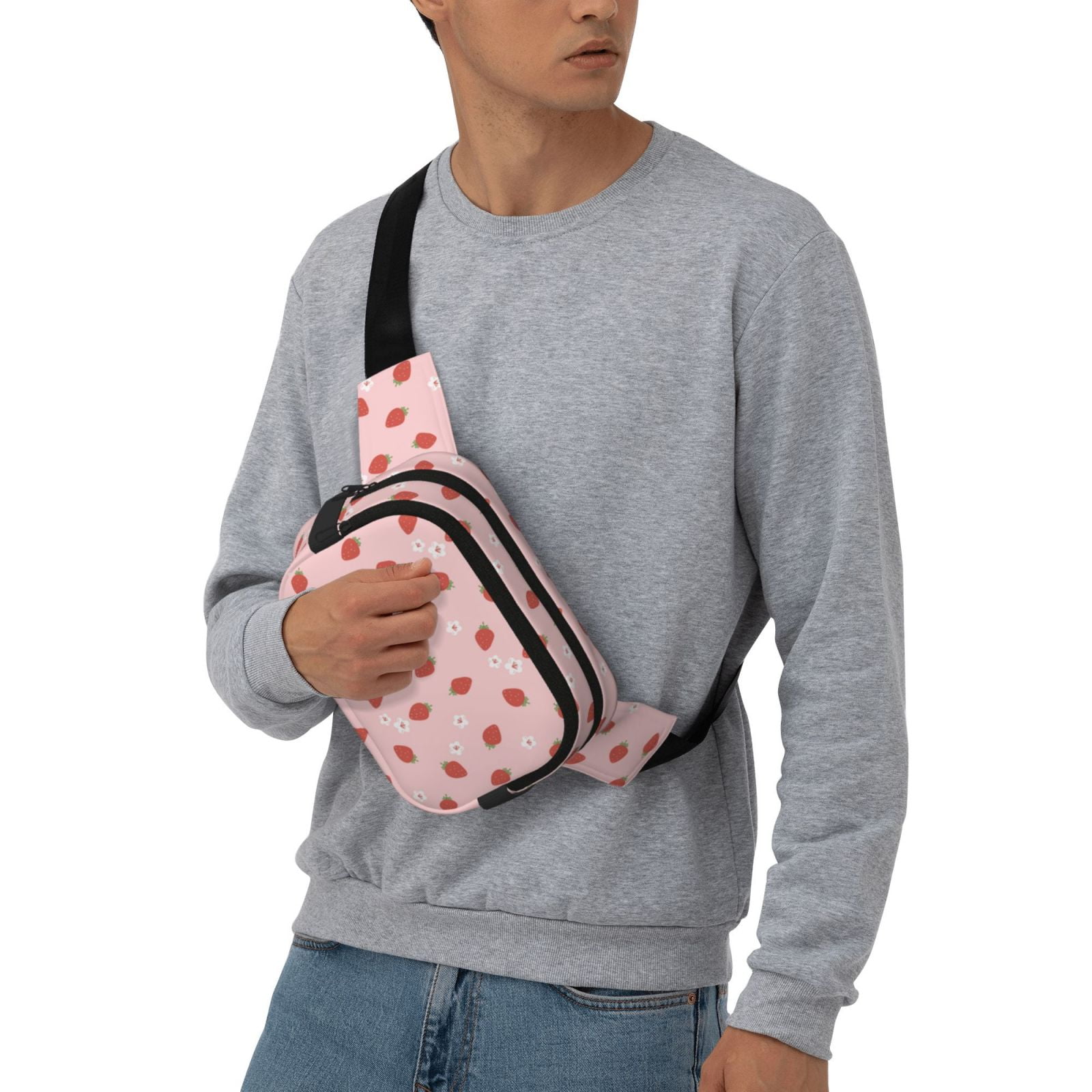 Picia Hand Drawn Strawberry Print Square Double-Layer Waist Bag Mini Adjustable Waist Belt Bag Exercise Running Travel Hiking