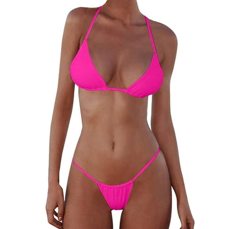 Gubotare Women Micro Bikini 2 Piece Swimsuit Mini Thong Set Bathing Suit Swimwear Hot Pink L